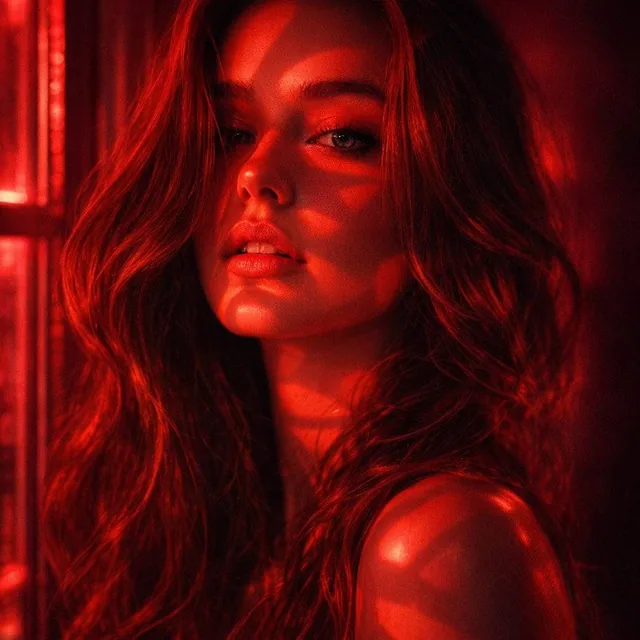 Hyper-realistic cinematic por-trait of a young woman, with soft skin and deep gaze, standing by a window, her face illum