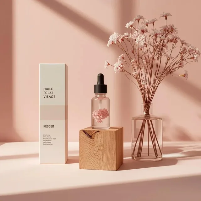 Ultra-realistic minimalist studio product photography of a small transparent glass facial oil dropper bottle with a blac