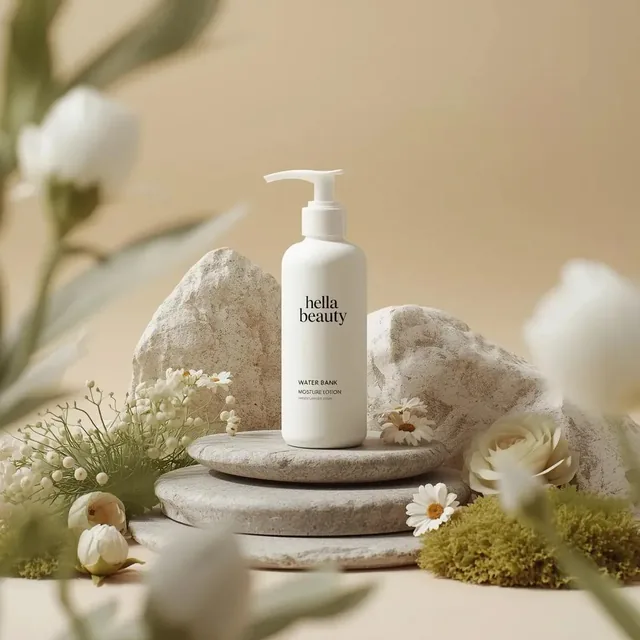 Ultra-high-end photorealistic commercial skincare product photography featuring a matte white plastic pump bottle center