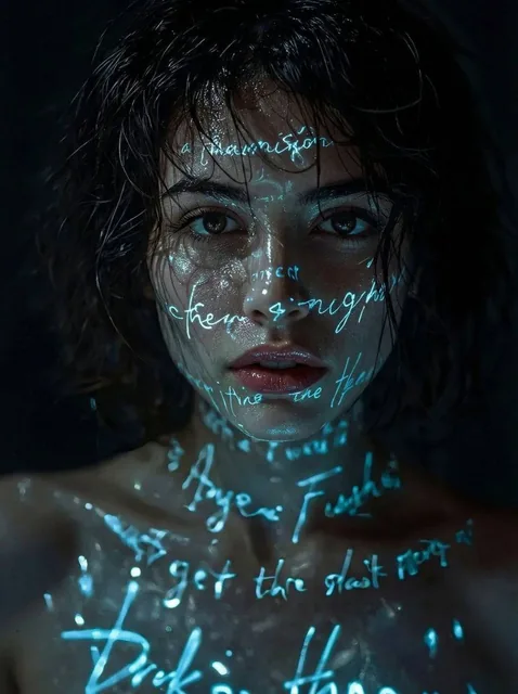 A cinematic, hyper-realistic close-up portrait of a mysterious young woman in darkness, wet skin glistening as if in rai