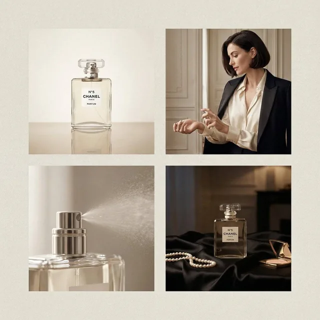 2×2 grid luxury perfume advertisement for Chanel perfume, four distinct yet cohesive high-end commercial images, elegant