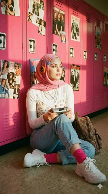 A cinematic, nostalgic portrait of a young hijab woman (use the reference photo) sitting cross-legged on the floor of a