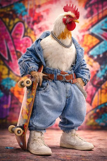 Ultra-realistic studio portrait of an anthropomorphic rooster styled like a street skater. A confident white rooster wit