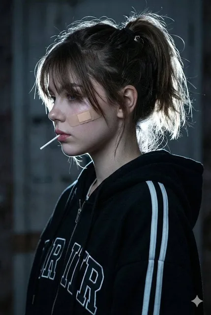​A cinematic close-up side profile portrait of a young woman with a rebellious, melancholic vibe. She has a beige bandag