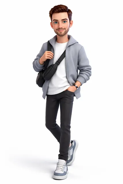 A full-body 3D stylized cartoon boy, Pixar/Disney-inspired character design, cute and modern look, generated from the pr