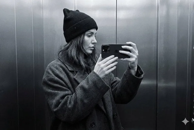 A photorealistic profile selfie, minimalist and monochrome: a woman in a dark oversized coat and a black knit hat with c