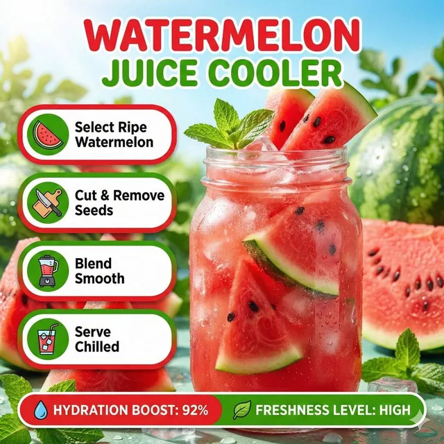 Bright summer infographic showcasing watermelon juice, icy texture, watermelon wedges floating. Steps: 📷 Select Ripe Wa
