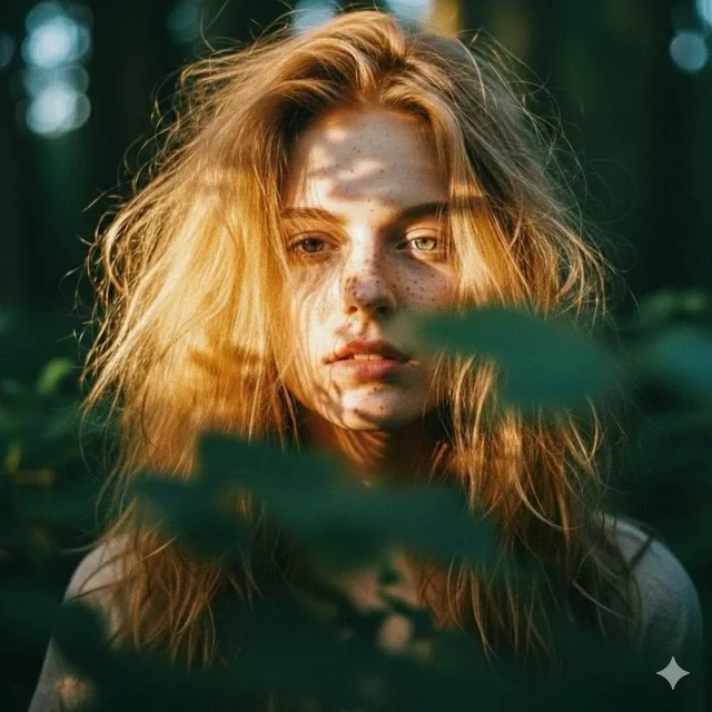 Close-up portrait of a young woman with messy, voluminous strawberry blonde hair and heavy freckles across her nose and