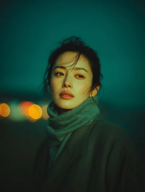 A cinematic night-time portrait of a young woman standing outdoors, softly lit by ambient city lights. She wears a dark