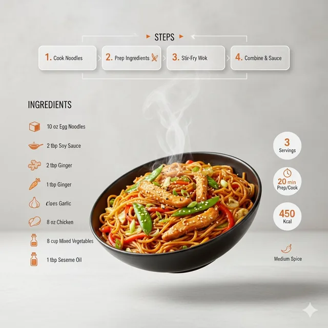 Ultra-clean modern recipe infographic. Showcase chowmin in a visually appealing finished form sliced, plated, or portion