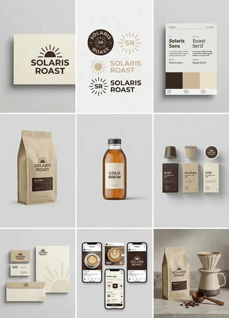 [brand name], complete brand identity grid, 3x3 layout, nine tiles showing a full cohesive brand system, light gray seam