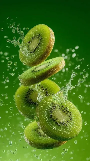 A hyper-realistic image of a sliced kiwi splashing in a spray of water with droplets suspended in the air. Fresh kiwi sl