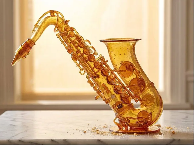 A [PRODUCT] rendered as if built entirely from pulled and blown sugar, the translucent amber material of patisserie show