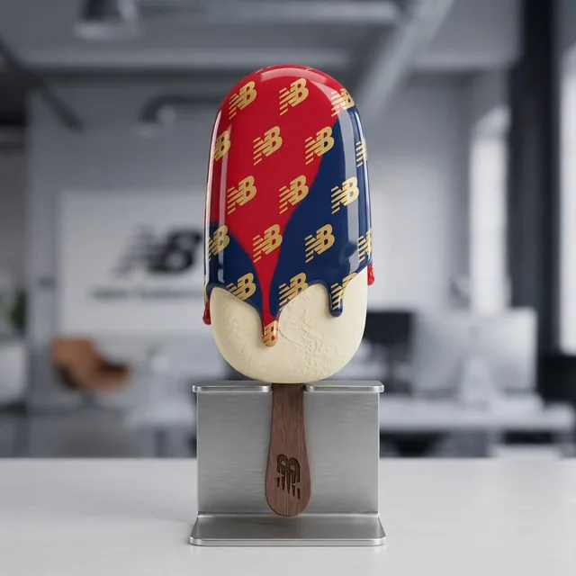 A perfectly vertical, hyper-realistic 3D popsicle by [@ YOUR LOGO] featuring a glossy signature-colored glaze with a gol