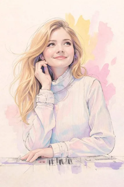 A soft pastel watercolor digital illustration of a young woman with long, flowing blonde hair, gently smiling and lookin