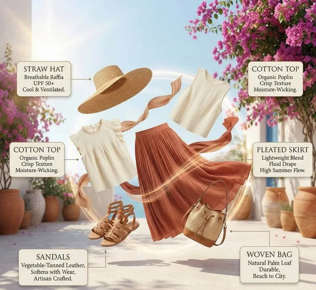 High-fashion summer outfit infographic with color-coordinated floating elements arranged in an elegant exploded circular