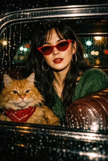 A cinematic flash-photography shot viewed through a rain-streaked car window at night. Inside a vintage black car, a chi