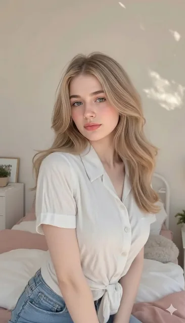 Cute, innocent young adult blonde woman sitting comfortably on a neatly made bed, relaxed natural posture with legs gent