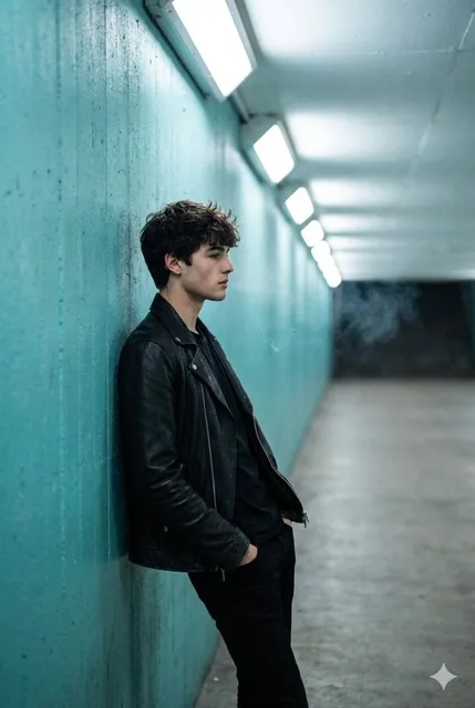 A full shot captures a young man in profile, leaning against a textured turquoise wall inside a brightly lit tunnel. He
