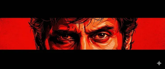A cinematic poster-style artwork featuring an intense close-up of a man’s eyes centered horizontally across the frame. O