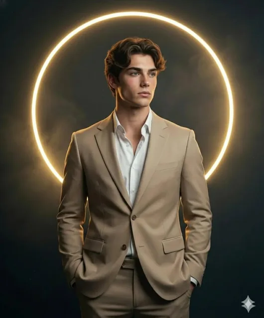A high-definition, cinematic portrait of a sharp, handsome young man with wavy dark hair, wearing a tailored tan/beige s