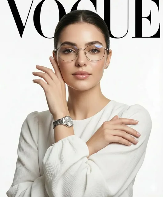 A high-definition, professional fashion editorial photograph of a sophisticated woman with a sleek, center-parted bun. S