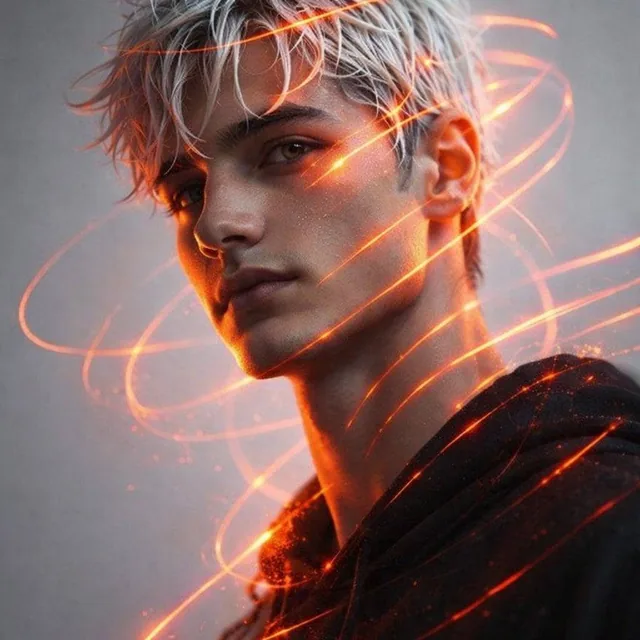 Portrait of a 21-year-old man of appearance with masculine facial features and white hair styled with a wet look. The ca