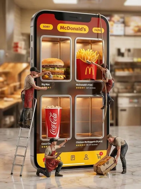 Ultra-realistic creative advertising scene showing a giant smartphone displaying a McDonald’s food-ordering app interfac
