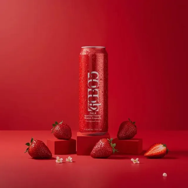 A premium studio product photograph of a tall, slim red aluminum sparkling water can standing upright and centered again