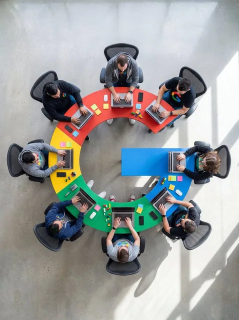 Ultra-wide-angle hyper-realistic top-down flat lay photography. The central focus is a custom physical conference table