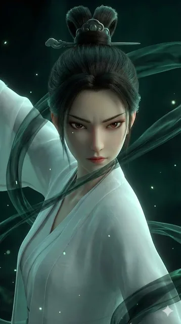 A stunning 3D Chinese animation style close-up of a beautiful heroine, determined sharp phoenix eyes, black hair in trad