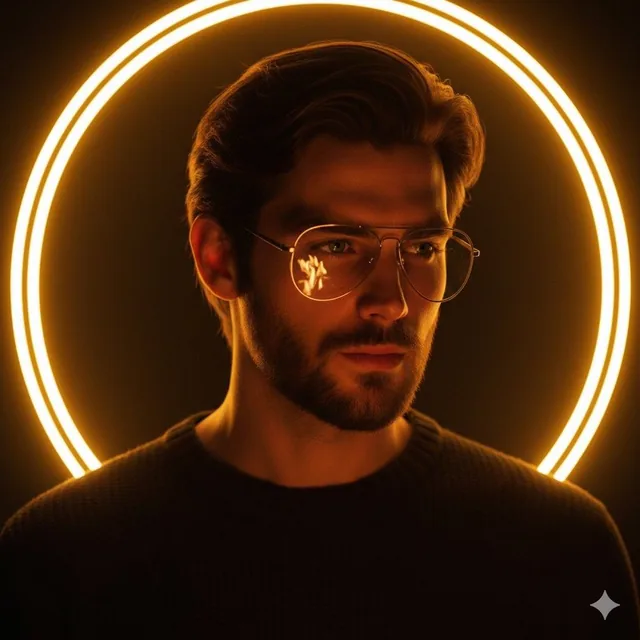 Cinematic portrait of a handsome young man with short styled hair and a trimmed beard, wearing thin metal aviator glasse