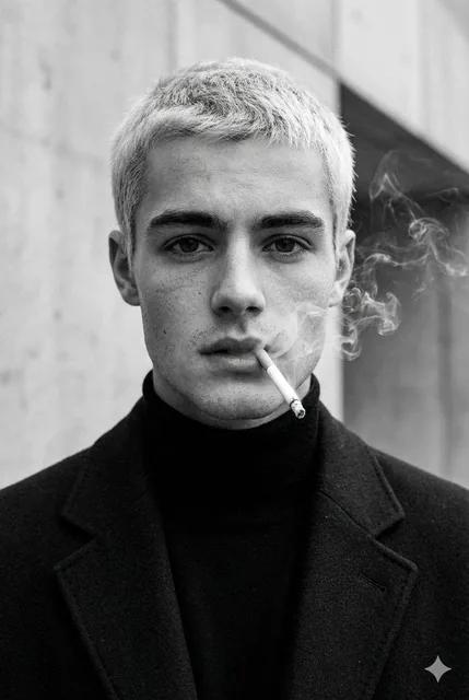 Ultra-realistic fashion black and white portrait of a man with short light hair, wearing a dark tailored coat and a blac