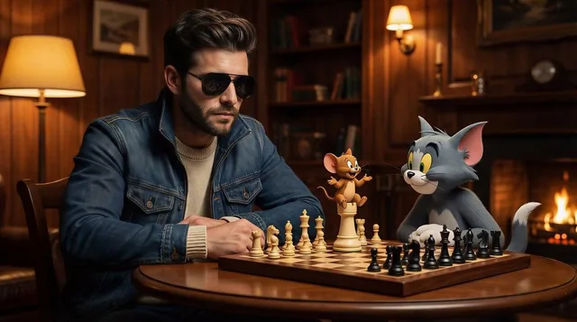 A cinematic, ultra-realistic scene of a stylish man wearing sunglasses and a denim jacket, seated at a round wooden tabl