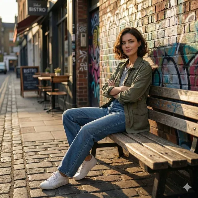 Cinematic realistic street scene, beautiful young woman with short wavy bob haircut, natural hourglass body shape with c