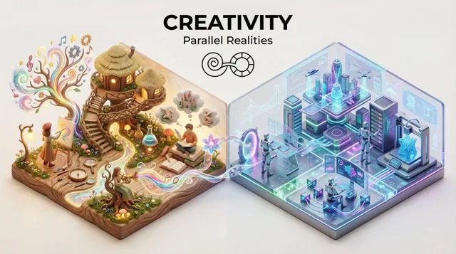 “Present a clear, 45° top-down isometric miniature 3D split diorama showing two parallel worlds of [THEME]: [WORLD A] vs