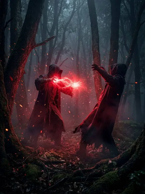 A dramatic cinematic scene in a dark foggy forest where two hooded figures clash, one unleashing a burst of glowing red