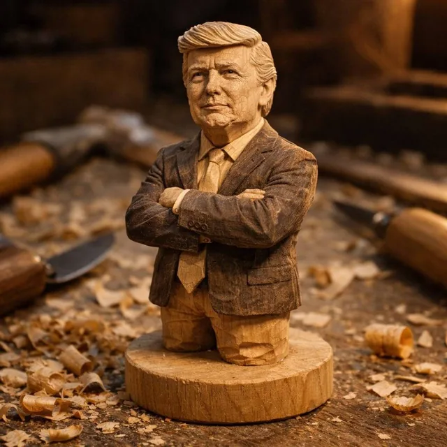 A hand-carved wooden miniature figure of [NAME], shaped with visible knife marks, natural grain texture, and smooth unfi