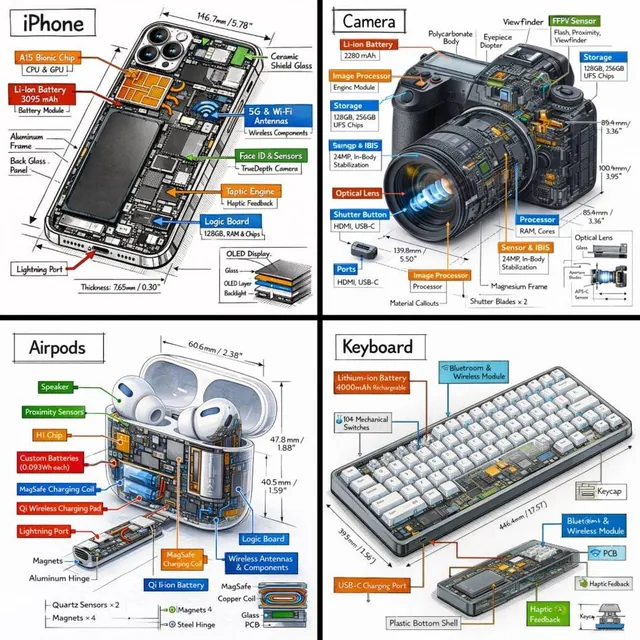 Create a technical infographic of [OBJECT] with a 45-degree isometric 3D perspective showing the device slightly tilted