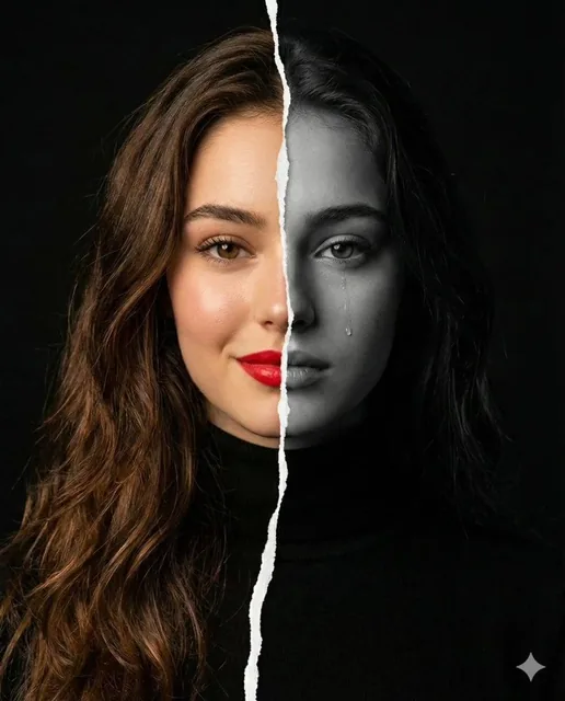 ​A high-resolution conceptual portrait of a woman’s face vertically split down the middle by a jagged, torn paper edge.