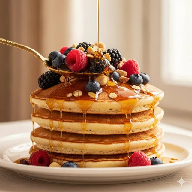 Ultra-luxury food commercial of a stack of thick, fluffy American pancakes with perfectly golden-brown edges. Pure maple
