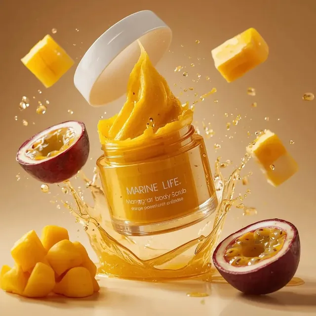 A hyperrealistic premium product photography scene of a transparent cosmetic jar labeled “MARINE LIFE” mango and passion