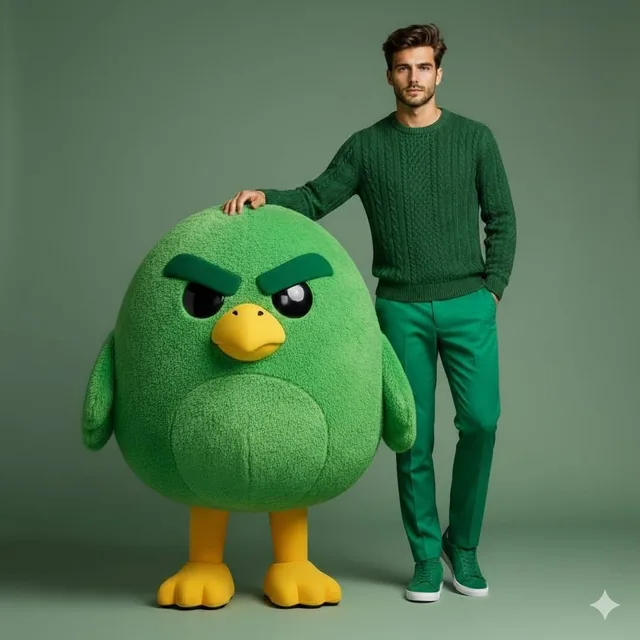 High-end studio fashion portrait of a handsome male model standing beside a large plush green cartoon bird mascot. Minim