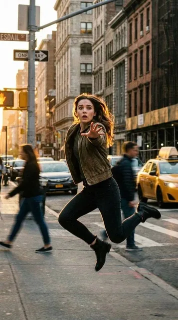 A cinematic freeze-frame shot of a young woman suspended in mid-air in the middle of a busy New York City street. She is