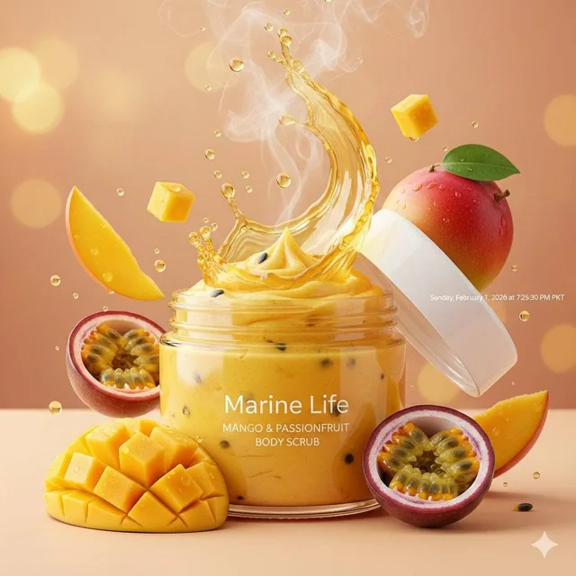 Luxurious tropical body scrub product photography, open jar of bright vibrant yellow-orange Mango & Passionfruit body sc