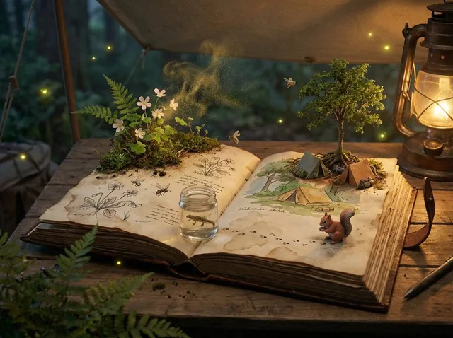 Epic 3D scene: a weathered field journal lies open on a naturalist's camp table, its pages erupting into the ecosystems