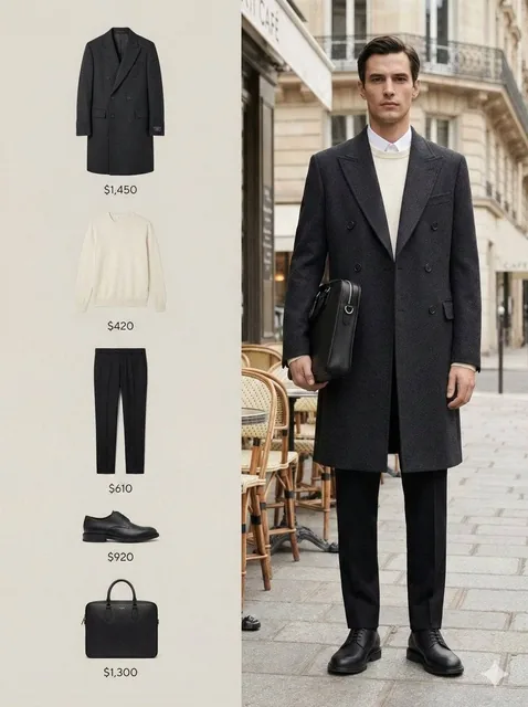 Split black and white fashion editorial: left side features a monochrome product composition with price indicators, right side shows a man in tweed at a Parisian cafe, captured wit