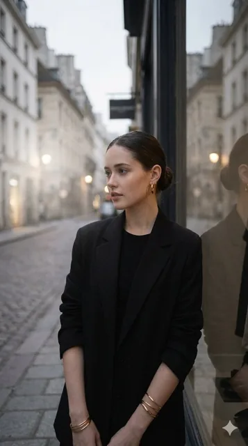 Elegant woman with dark hair in a sleek bun, wearing a structured oversized black blazer, standing on a quiet european s