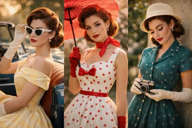 A cinematic vintage fashion portrait of a graceful young woman in a 1950s aesthetic, standing beside a classic convertib