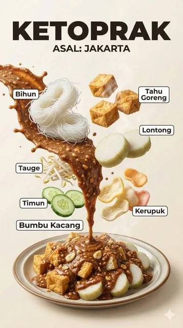 A hyper-realistic Indonesian food infographic poster with dramatic floating ingredients. Vertical composition, bold titl